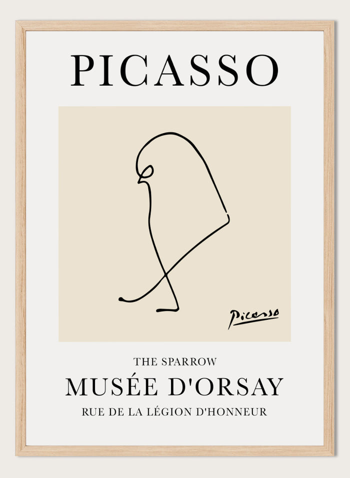 Featuring Pablo Picasso's Artwork The Sparrow, this signed serigraph wall art print showcases outline of a sparrow bird sketch line drawing against colorful background. Featuring abstract one line lithograph art, this vintage exhibition poster from Musée d'Orsay is perfect for any boho, retro, minimalst space.