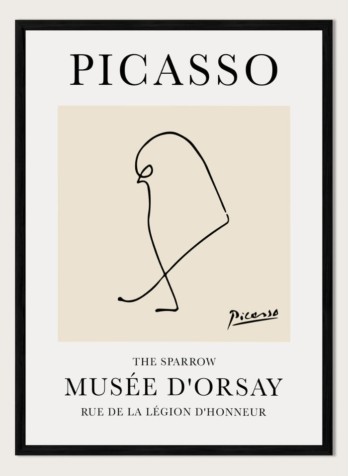 Featuring Pablo Picasso's Artwork The Sparrow, this signed serigraph wall art print showcases outline of a sparrow bird sketch line drawing against colorful background. Featuring abstract one line lithograph art, this vintage exhibition poster from Musée d'Orsay is perfect for any boho, retro, minimalst space.