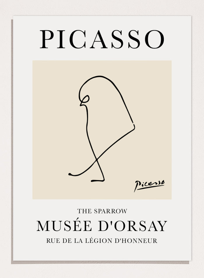 Featuring Pablo Picasso's Artwork The Sparrow, this signed serigraph wall art print showcases outline of a sparrow bird sketch line drawing against colorful background. Featuring abstract one line lithograph art, this vintage exhibition poster from Musée d'Orsay is perfect for any boho, retro, minimalst space.