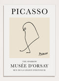 Featuring Pablo Picasso's Artwork The Sparrow, this signed serigraph wall art print showcases outline of a sparrow bird sketch line drawing against colorful background. Featuring abstract one line lithograph art, this vintage exhibition poster from Musée d'Orsay is perfect for any boho, retro, minimalst space.