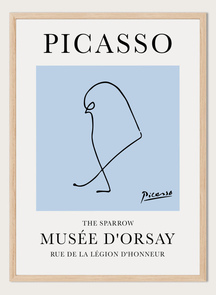 Featuring Pablo Picasso's Artwork The Sparrow, this signed serigraph wall art print showcases outline of a sparrow bird sketch line drawing against colorful background. Featuring abstract one line lithograph art, this vintage exhibition poster from Musée d'Orsay is perfect for any boho, retro, minimalst space.