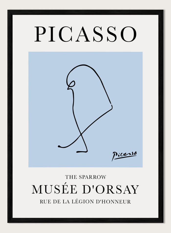 Featuring Pablo Picasso's Artwork The Sparrow, this signed serigraph wall art print showcases outline of a sparrow bird sketch line drawing against colorful background. Featuring abstract one line lithograph art, this vintage exhibition poster from Musée d'Orsay is perfect for any boho, retro, minimalst space.