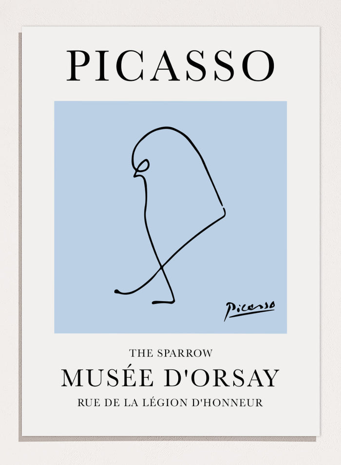 Featuring Pablo Picasso's Artwork The Sparrow, this signed serigraph wall art print showcases outline of a sparrow bird sketch line drawing against colorful background. Featuring abstract one line lithograph art, this vintage exhibition poster from Musée d'Orsay is perfect for any boho, retro, minimalst space.