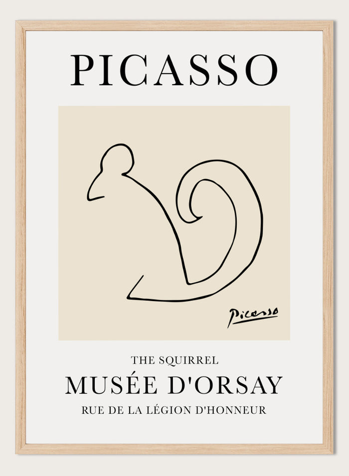 Featuring Pablo Picasso's Artwork The Squirrel (L'écureuil), this signed serigraph animal wall art print showcases outline of a squirrel sketch line drawing against colorful background. Featuring abstract one line art, this vintage exhibition poster from Musée d'Orsay is perfect for any boho, retro, minimalist space.