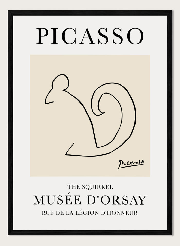 Featuring Pablo Picasso's Artwork The Squirrel (L'écureuil), this signed serigraph animal wall art print showcases outline of a squirrel sketch line drawing against colorful background. Featuring abstract one line art, this vintage exhibition poster from Musée d'Orsay is perfect for any boho, retro, minimalist space.