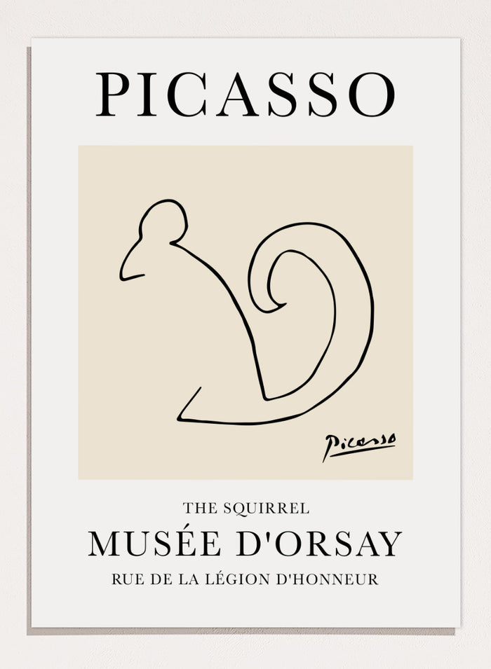 Featuring Pablo Picasso's Artwork The Squirrel (L'écureuil), this signed serigraph animal wall art print showcases outline of a squirrel sketch line drawing against colorful background. Featuring abstract one line art, this vintage exhibition poster from Musée d'Orsay is perfect for any boho, retro, minimalist space.