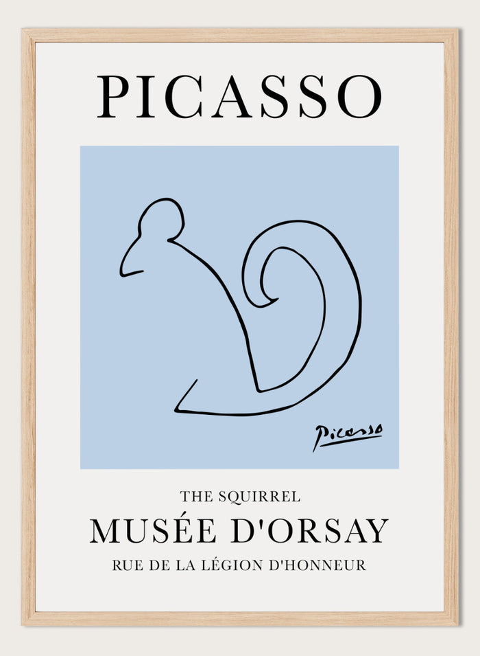 Featuring Pablo Picasso's Artwork The Squirrel (L'écureuil), this signed serigraph animal wall art print showcases outline of a squirrel sketch line drawing against colorful background. Featuring abstract one line art, this vintage exhibition poster from Musée d'Orsay is perfect for any boho, retro, minimalist space.