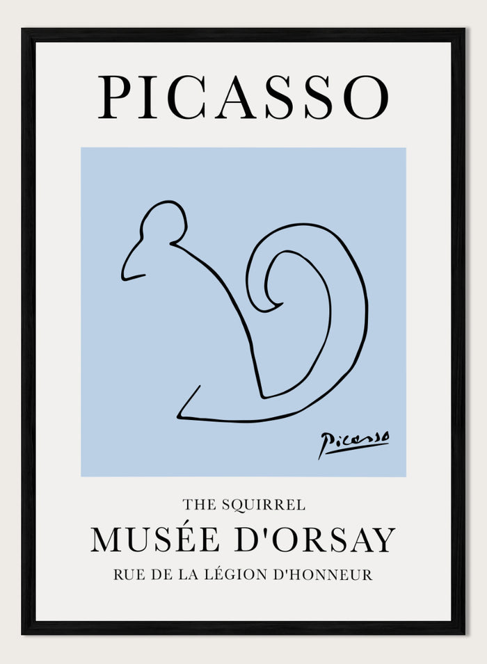 Featuring Pablo Picasso's Artwork The Squirrel (L'écureuil), this signed serigraph animal wall art print showcases outline of a squirrel sketch line drawing against colorful background. Featuring abstract one line art, this vintage exhibition poster from Musée d'Orsay is perfect for any boho, retro, minimalist space.