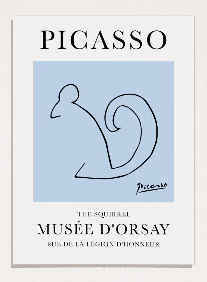 Featuring Pablo Picasso's Artwork The Squirrel (L'écureuil), this signed serigraph animal wall art print showcases outline of a squirrel sketch line drawing against colorful background. Featuring abstract one line art, this vintage exhibition poster from Musée d'Orsay is perfect for any boho, retro, minimalist space.