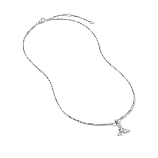Pave Initial Pendant Necklace in Sterling Silver with Diamond A