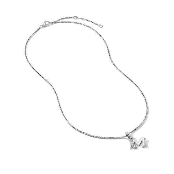 Pave Initial Pendant Necklace in Sterling Silver with Diamond M