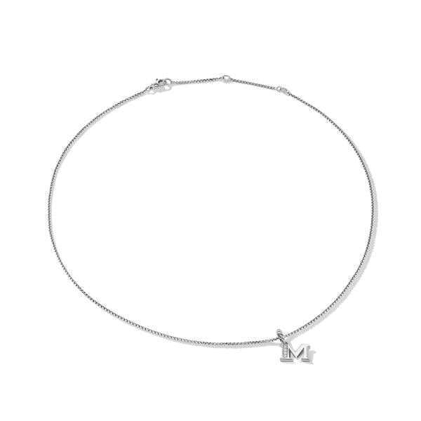 Pave Initial Pendant Necklace in Sterling Silver with Diamond M