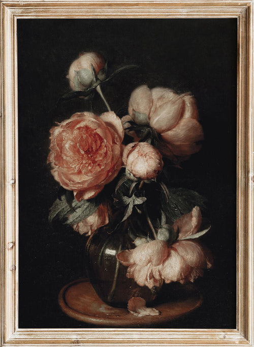This Eduard von Grützner premium fine art print, Peonies, features soft pink flowers against a dark background in a vintage still life floral painting wall poster.