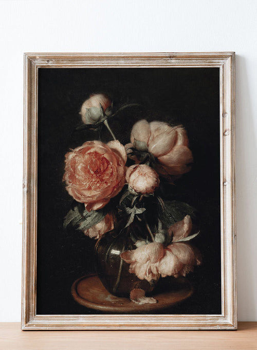 This Eduard von Grützner premium fine art print, Peonies, features soft pink flowers against a dark background in a vintage still life floral painting wall poster.