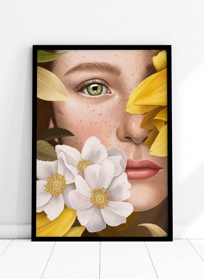 Close-up of a woman's face with yellow flowers around her, featuring a green eye. In the Garden by Petra Holíková is a modern floral portrait art print poster with botanical detail and contemporary aesthetic wall art.