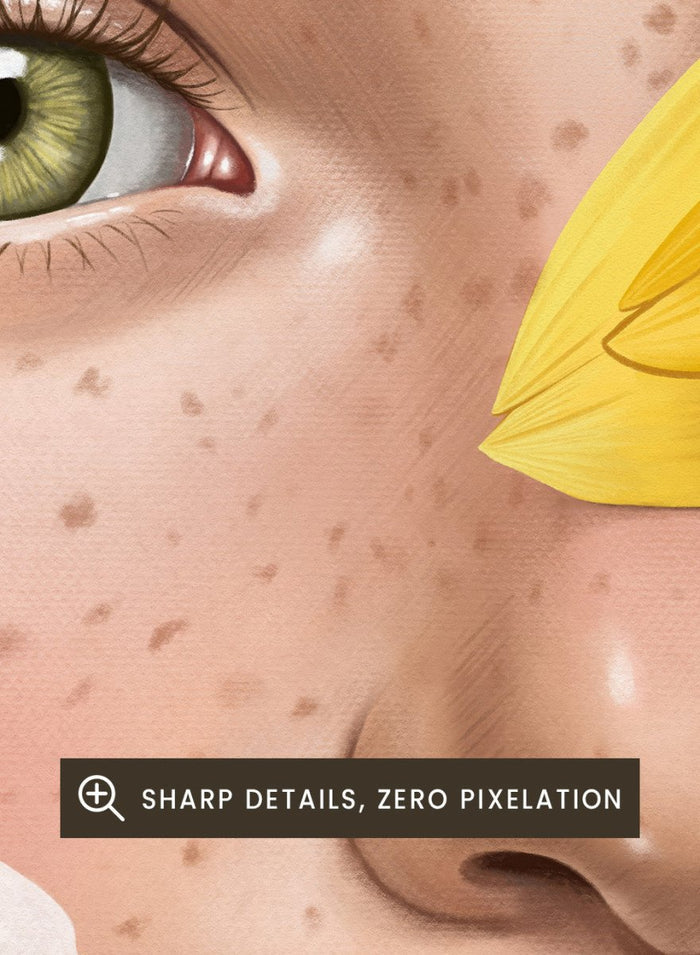 Close-up of a woman's face with yellow flowers around her, featuring a green eye. In the Garden by Petra Holíková is a modern floral portrait art print poster with botanical detail and contemporary aesthetic wall art.