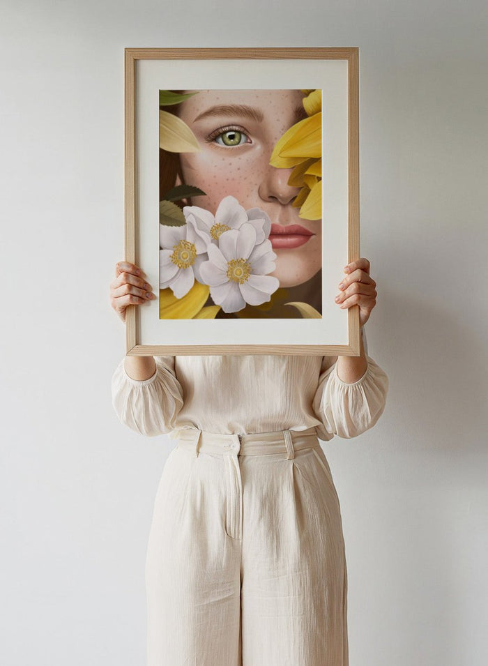 Close-up of a woman's face with yellow flowers around her, featuring a green eye. In the Garden by Petra Holíková is a modern floral portrait art print poster with botanical detail and contemporary aesthetic wall art.