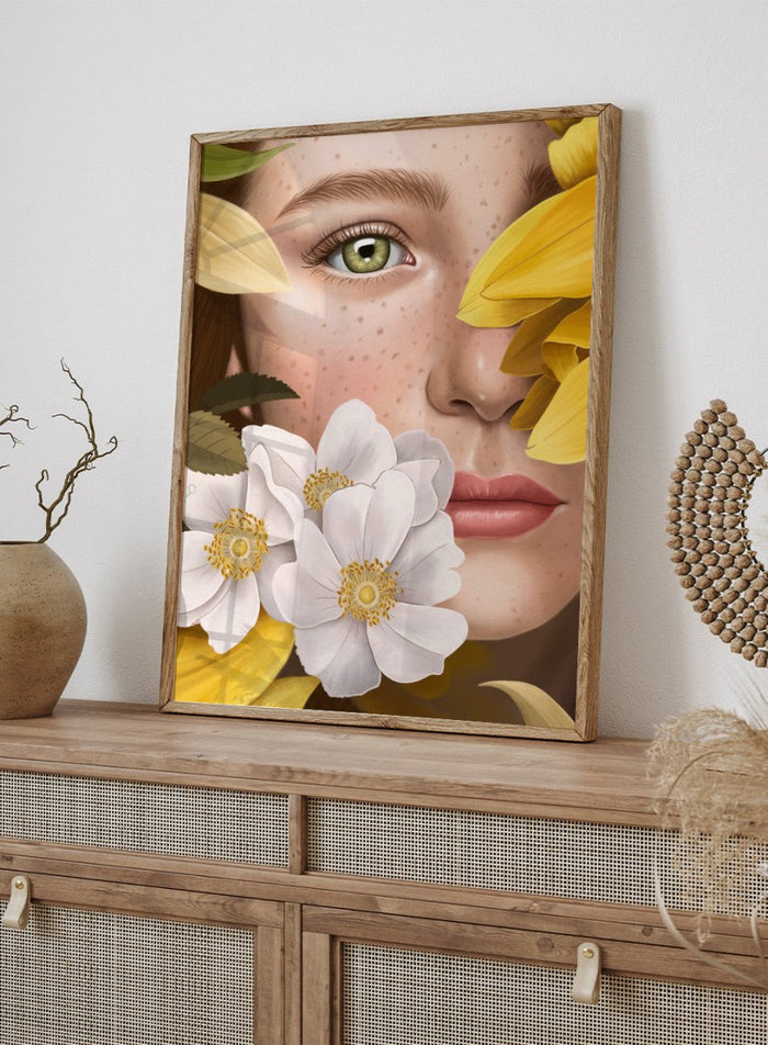 Close-up of a woman's face with yellow flowers around her, featuring a green eye. In the Garden by Petra Holíková is a modern floral portrait art print poster with botanical detail and contemporary aesthetic wall art.