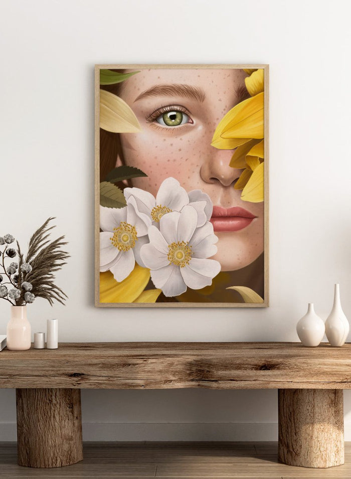 Close-up of a woman's face with yellow flowers around her, featuring a green eye. In the Garden by Petra Holíková is a modern floral portrait art print poster with botanical detail and contemporary aesthetic wall art.