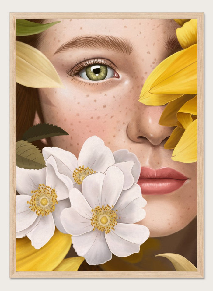 Close-up of a woman's face with yellow flowers around her, featuring a green eye. In the Garden by Petra Holíková is a modern floral portrait art print poster with botanical detail and contemporary aesthetic wall art.