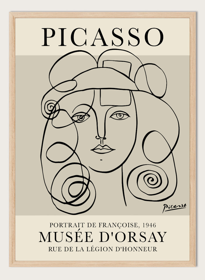 Inspired by Pablo Picasso's original line drawing artwork, this signed lithograph wall art print showcases a portrait of Francoise Gilot 1946 (Portrait de Françoise) in one line art against a white background. This vintage museum exhibition poster by Musee D'orsay is perfect for any boho, retro, or minimalist space.