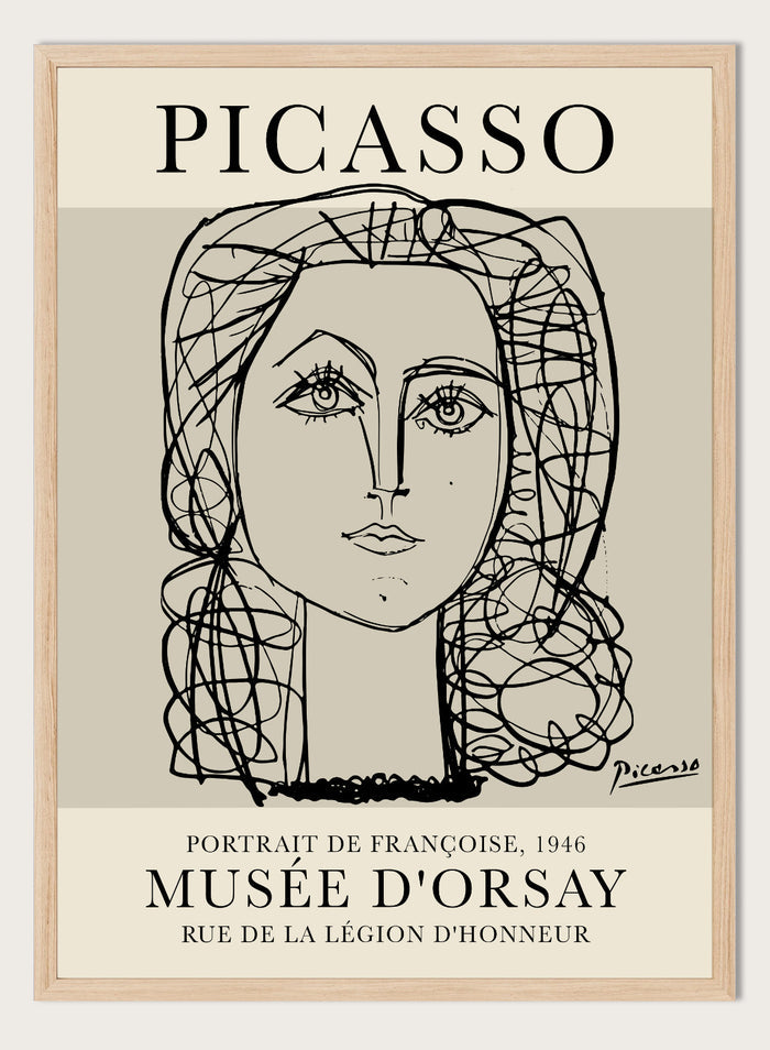 Inspired by Pablo Picasso's original line drawing artwork, this signed lithograph wall art print showcases a portrait of Francoise Gilot 1946 (Portrait de Françoise) in one line art against a white background. This vintage museum exhibition poster by Musee D'orsay is perfect for any boho, retro, or minimalist space.