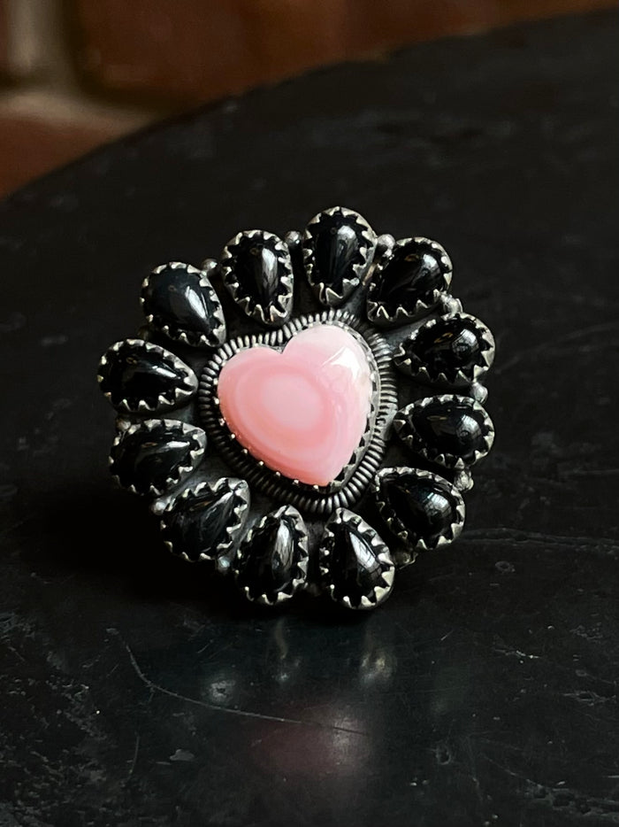 Pink Conch Black Onyx Cluster Ring Size 7 | Sterling Silver E765