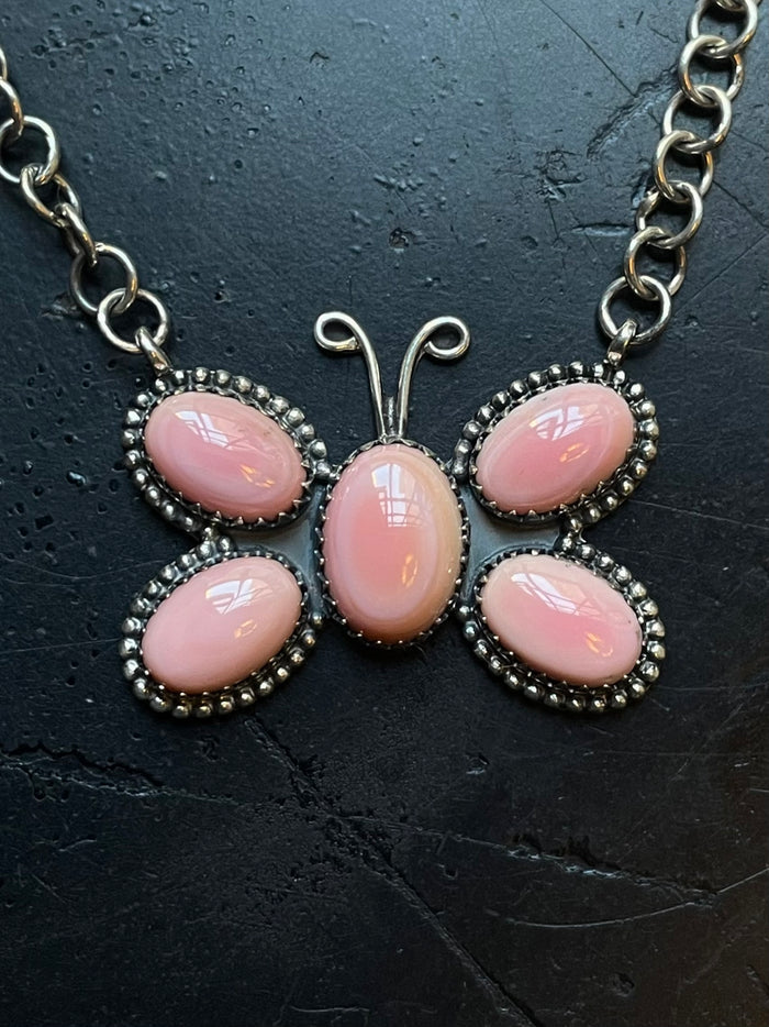 Pink Conch Butterfly Necklace | Cluster Pendant | 925 Silver E579