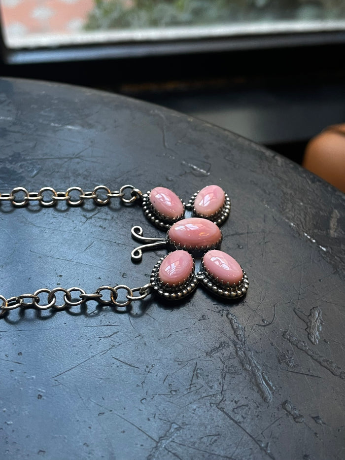 Pink Conch Butterfly Necklace | Cluster Pendant | 925 Silver E579
