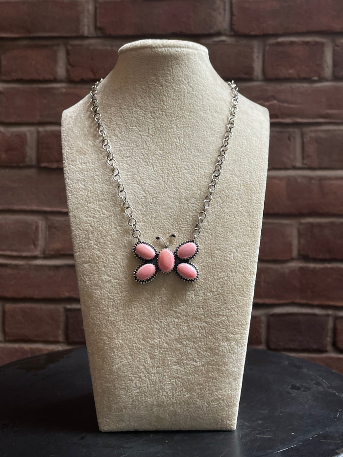Pink Conch Butterfly Necklace | Cluster Pendant | 925 Silver E579