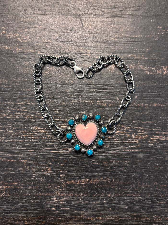 Pink Conch Heart Link Bracelet | 925 Sterling Silver Southwestern Style A001