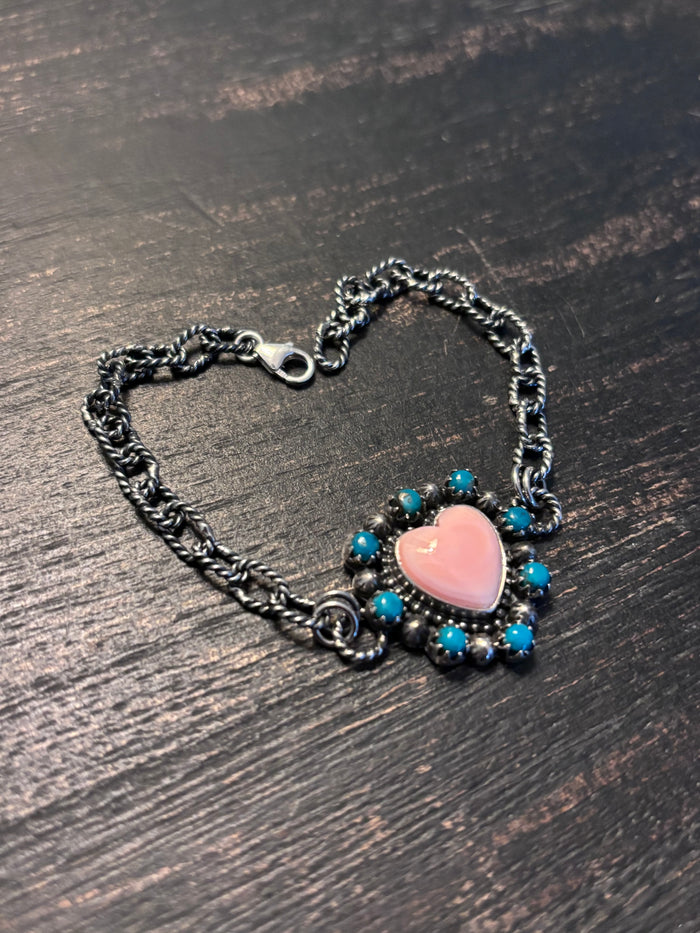 Pink Conch Heart Link Bracelet | 925 Sterling Silver Southwestern Style A001