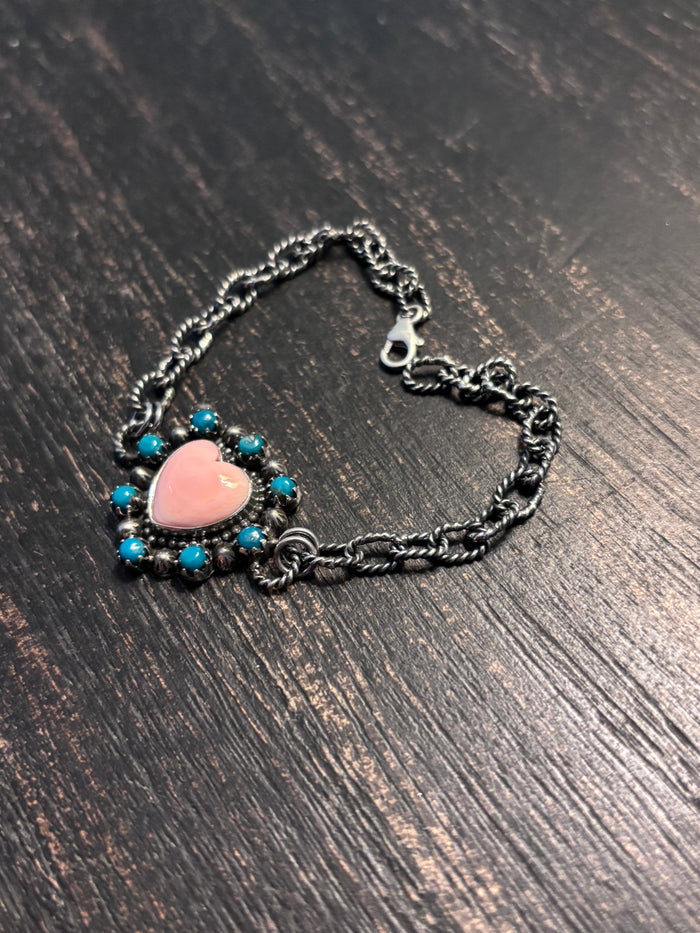 Pink Conch Heart Link Bracelet | 925 Sterling Silver Southwestern Style A001