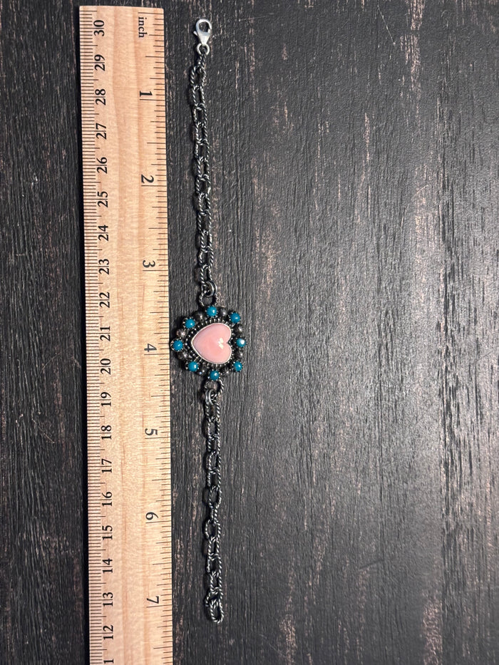 Pink Conch Heart Link Bracelet | 925 Sterling Silver Southwestern Style A001