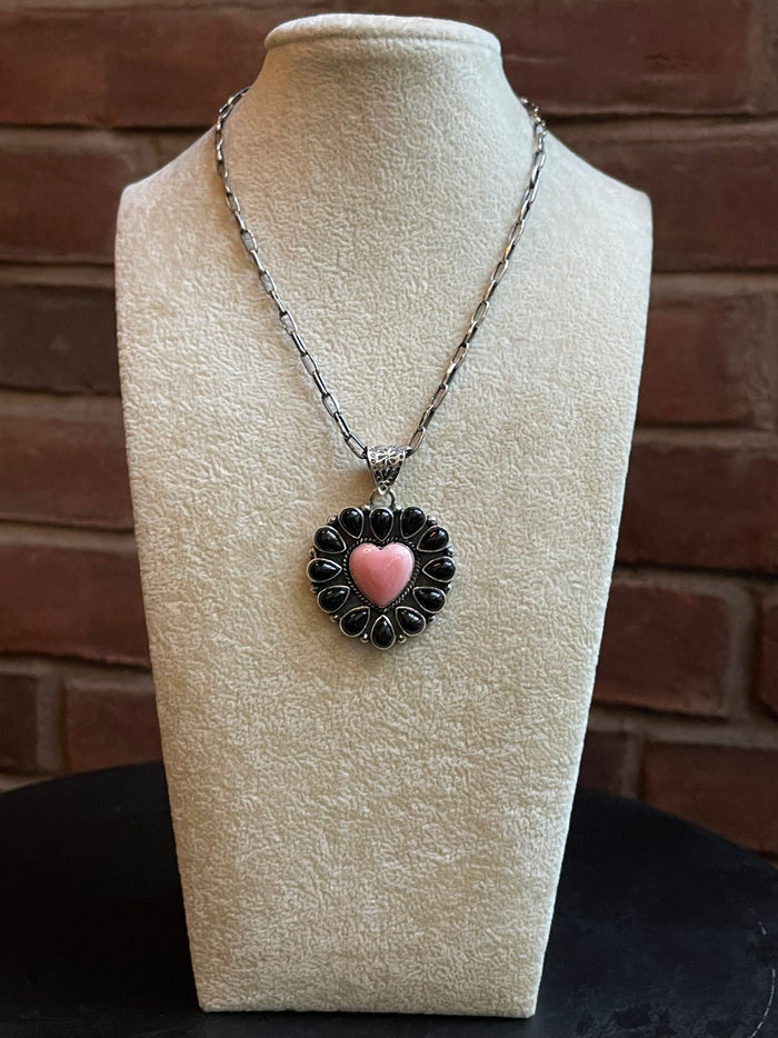 Pink Conch Heart Pendant | Black Onyx | 925 Sterling Silver E273