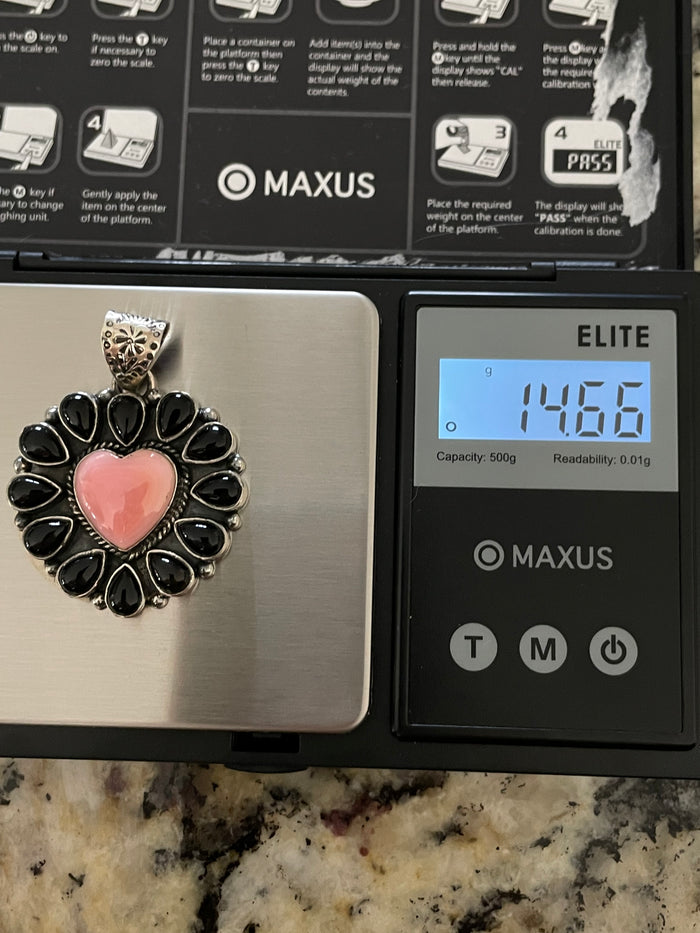 Pink Conch Heart Pendant | Black Onyx | 925 Sterling Silver E273