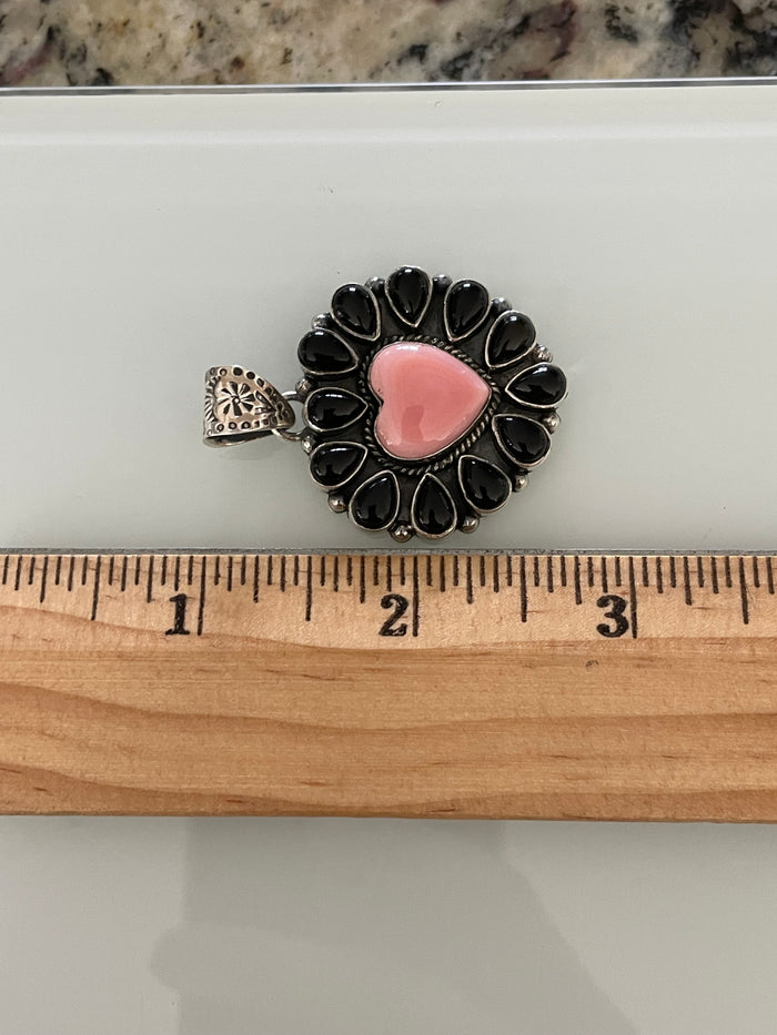 Pink Conch Heart Pendant | Black Onyx | 925 Sterling Silver E273