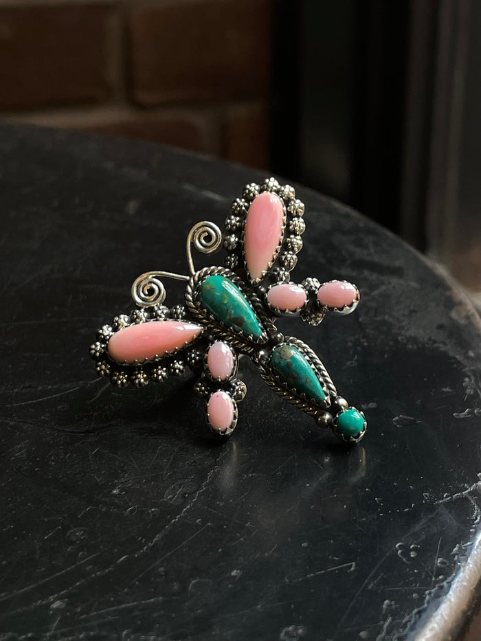 Pink Conch Kingman Turquoise Dragonfly Ring | 925 Sterling Silver | Size 7 E293