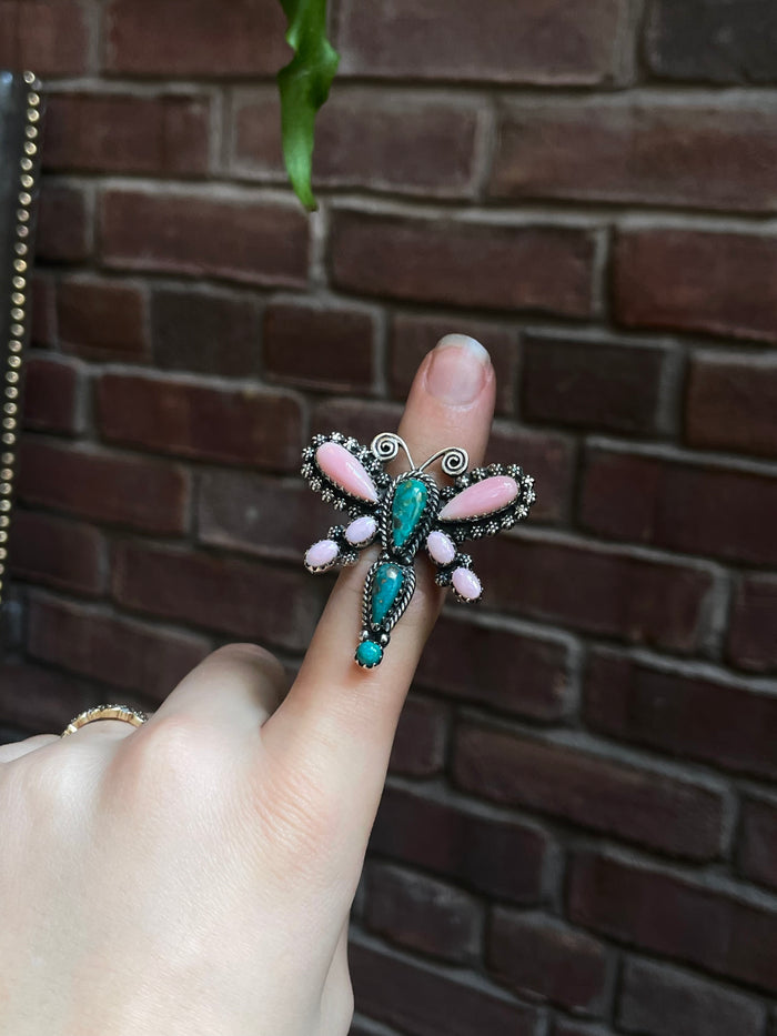 Pink Conch Kingman Turquoise Dragonfly Ring | 925 Sterling Silver | Size 7 E293