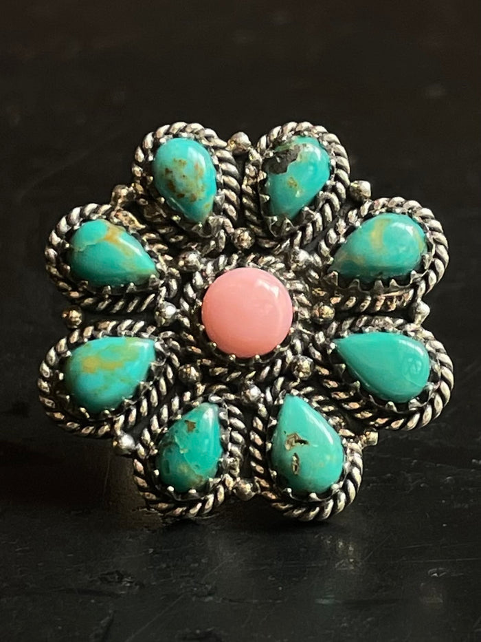 Pink Conch & Kingman Turquoise Ring Size 7 | Sterling Silver G268