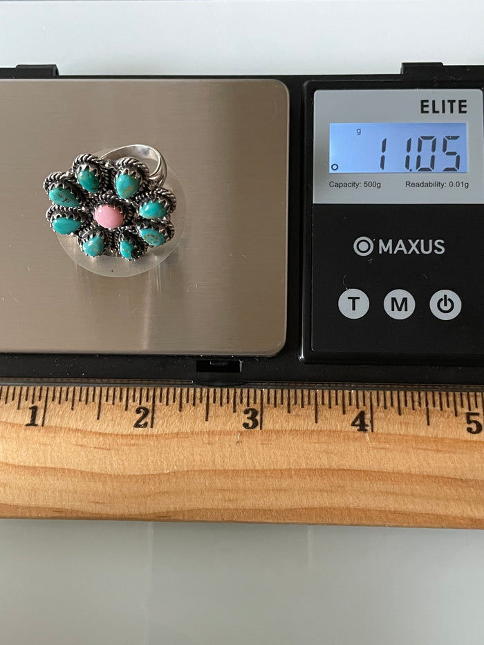 Pink Conch & Kingman Turquoise Ring Size 7 | Sterling Silver G268