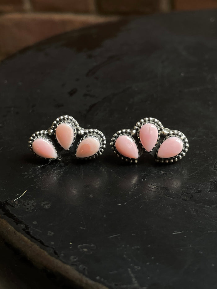 Pink Conch Stud Earrings | Three Stone Cluster Sterling Silver E671