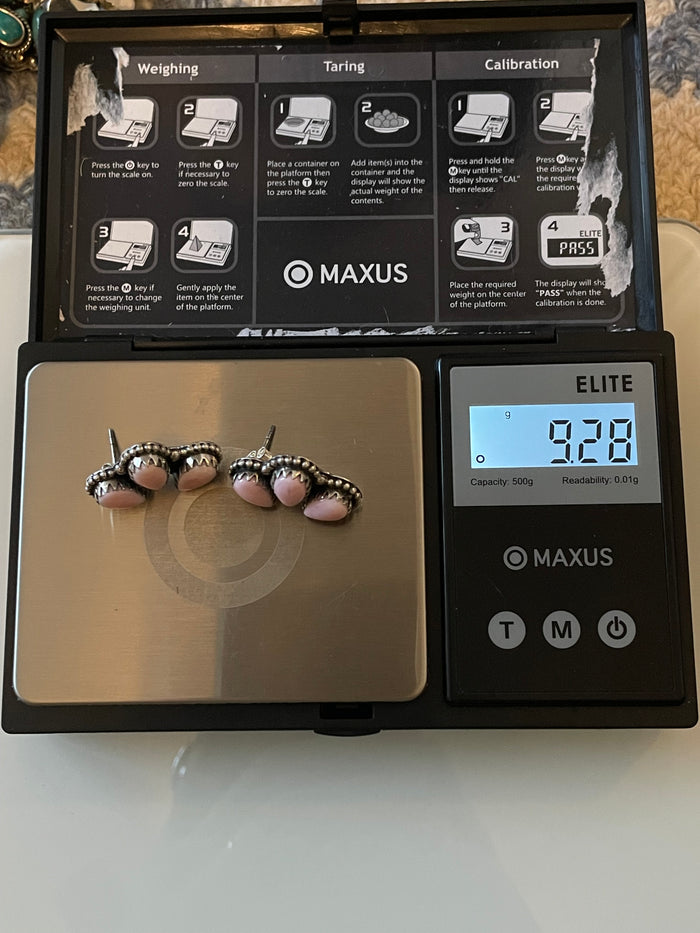 Pink Conch Stud Earrings | Three Stone Cluster Sterling Silver E671