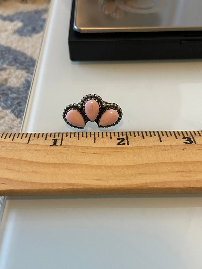 Pink Conch Stud Earrings | Three Stone Cluster Sterling Silver E671