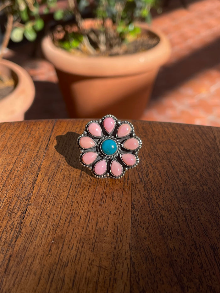 Pink Conch Turquoise Cluster Ring | Sterling Silver | Size 6 C857
