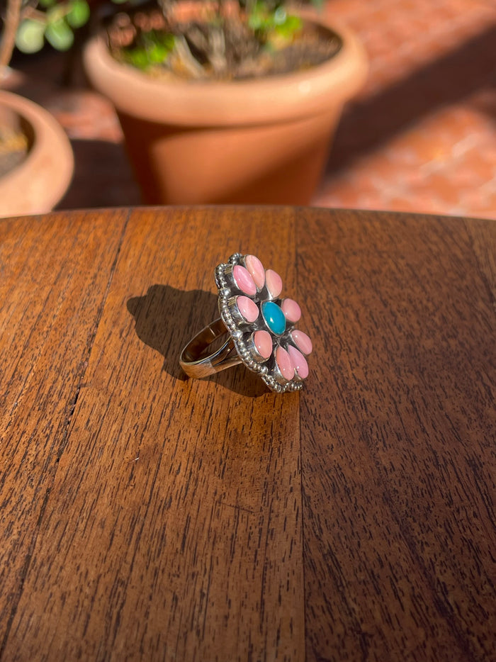Pink Conch Turquoise Cluster Ring | Sterling Silver | Size 6 C857