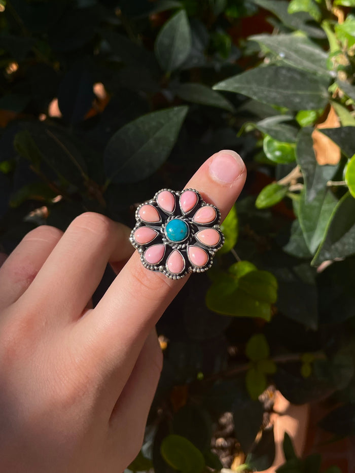 Pink Conch Turquoise Cluster Ring | Sterling Silver | Size 6 C857