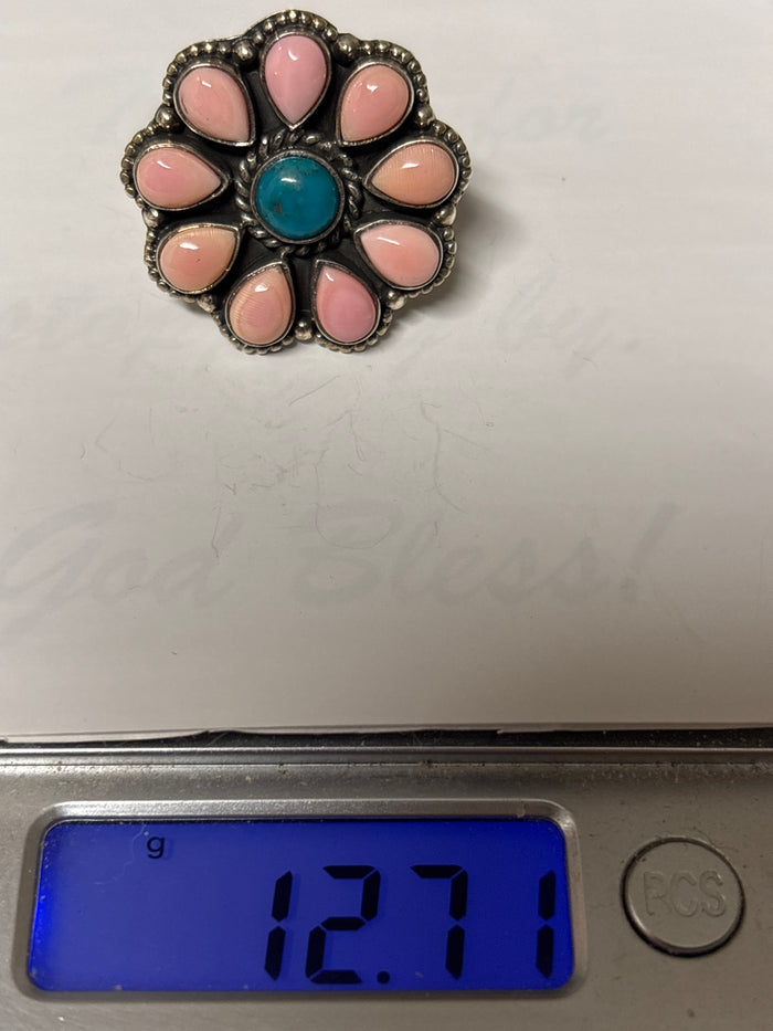 Pink Conch Turquoise Cluster Ring | Sterling Silver | Size 6 C857