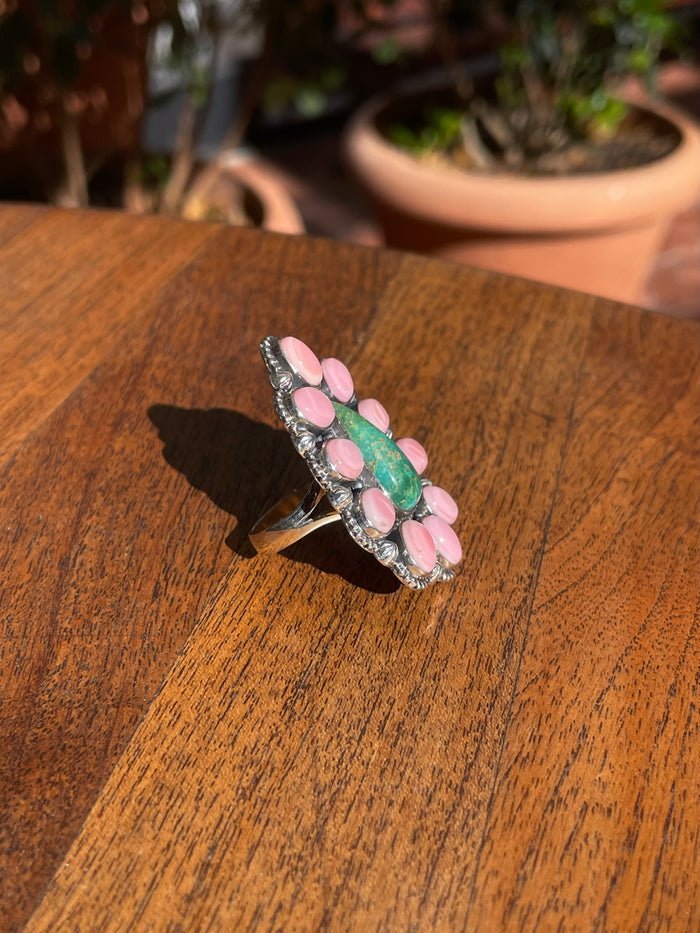 Pink Conch Turquoise Cluster Ring | Sterling Silver | Size 8 C850