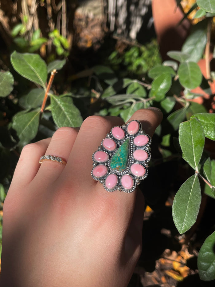 Pink Conch Turquoise Cluster Ring | Sterling Silver | Size 8 C850